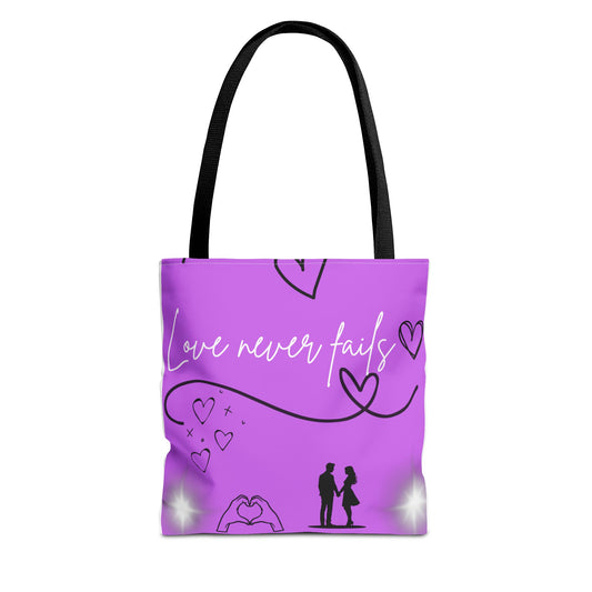Love Never Fails Tote Bag - Stylish Purple Carryall, Perfect for Weddings, Anniversaries, Gifts, Love, Hearts
