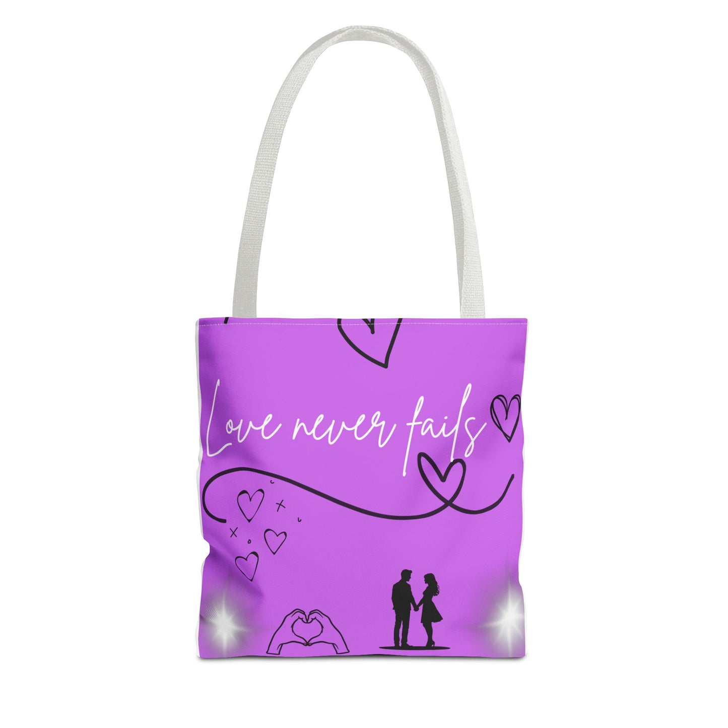 Love Never Fails Tote Bag - Stylish Purple Carryall, Perfect for Weddings, Anniversaries, Gifts, Love, Hearts
